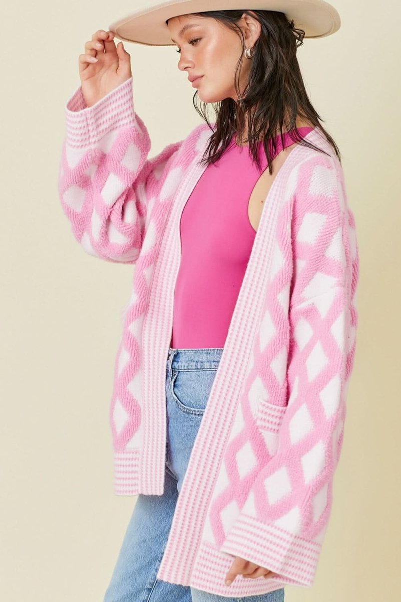 Pink Rhombus Pattern Knit Open Front Pocketed Cardigans - Love Salve